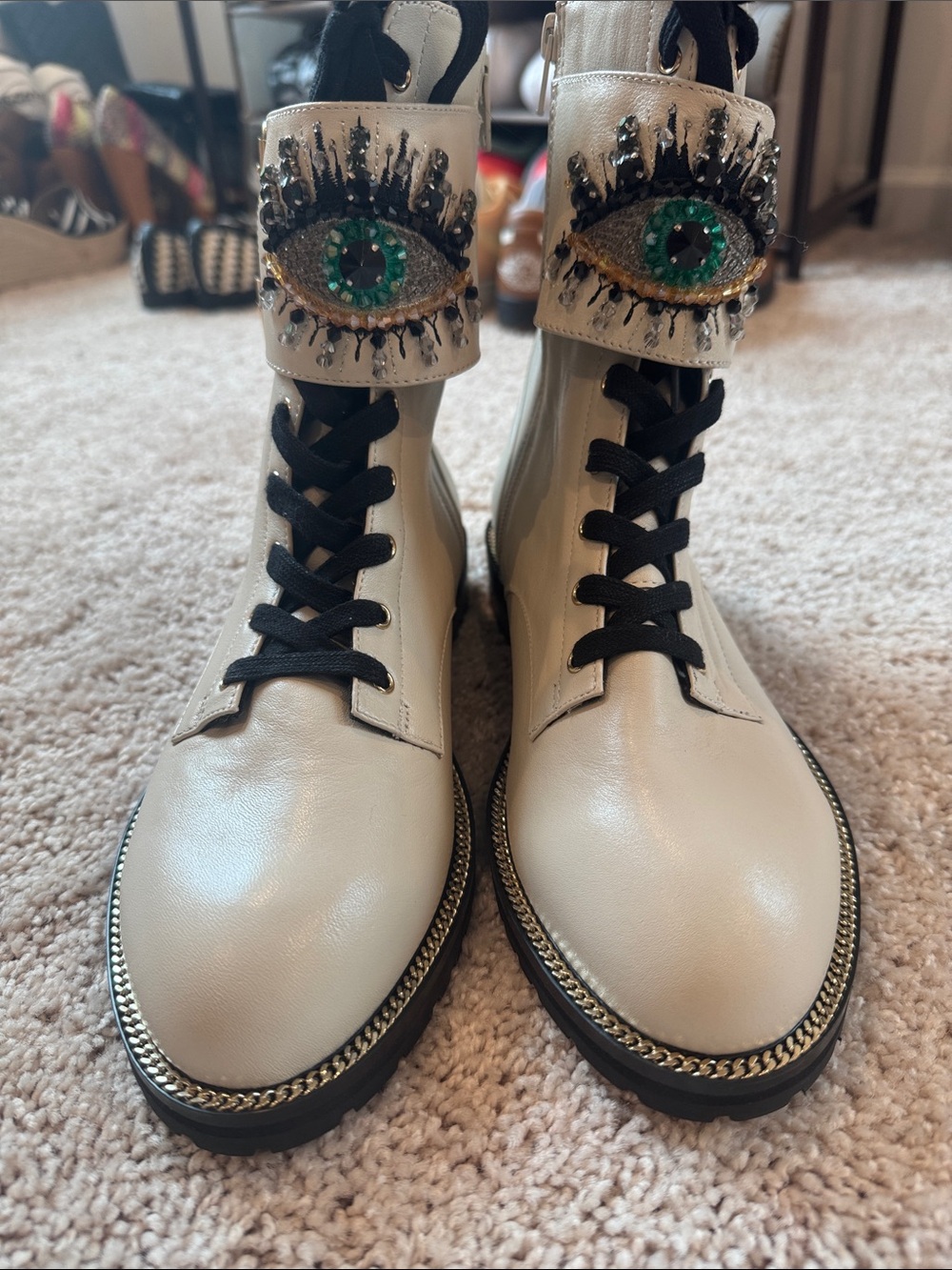 NWT Cream Embellished Eye Lace-Up Combat Boots